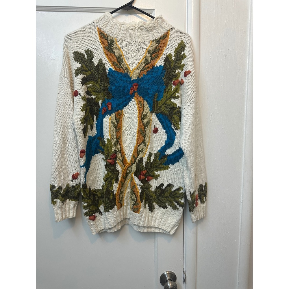 Jennifer Reed Hand Knitted Sweater Womens Large Cream Blue Bow Oak Leaf Acorn L